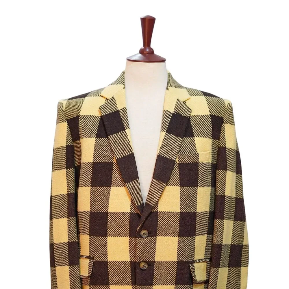Mens Wool Sport Coat 44R Beige Brown Buffalo Plaid Blazer 2 Button Heritage